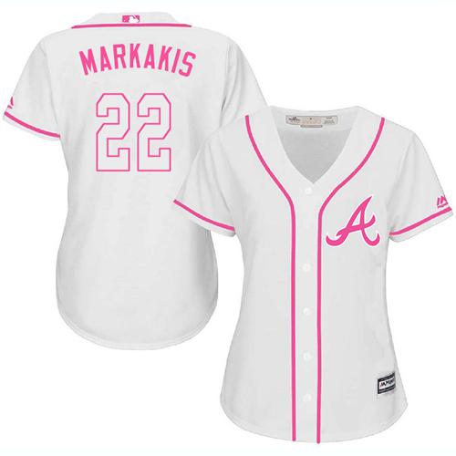 Braves #22 Nick Markakis White/Pink Fashion Women's Stitched MLB Jersey Braves #22 Nick Markakis White/Pink Fashion Women's Stitched MLB Jersey