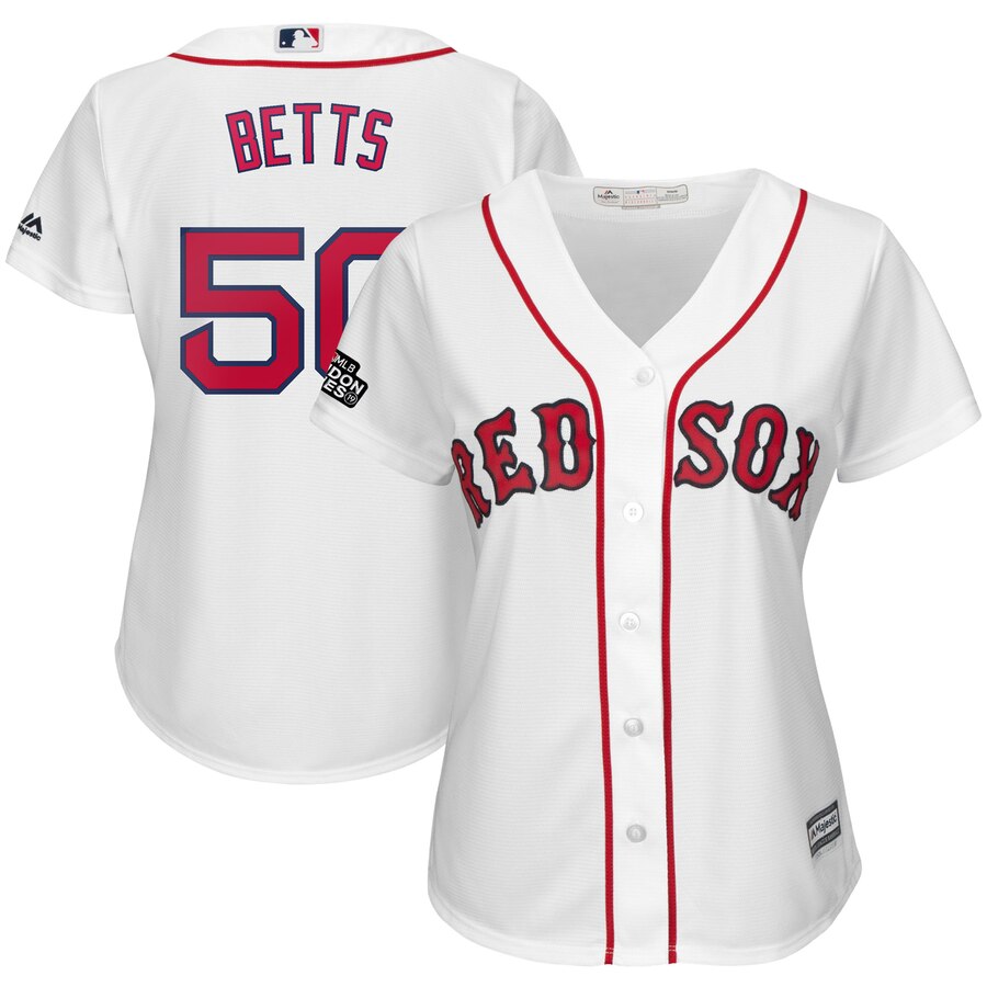 Boston Red Sox #50 Mookie Betts Majestic Women's 2019 London Series Cool Base Player Jersey White Boston Red Sox #50 Mookie Betts Majestic Women's 2019 London Series Cool Base Player Jersey White