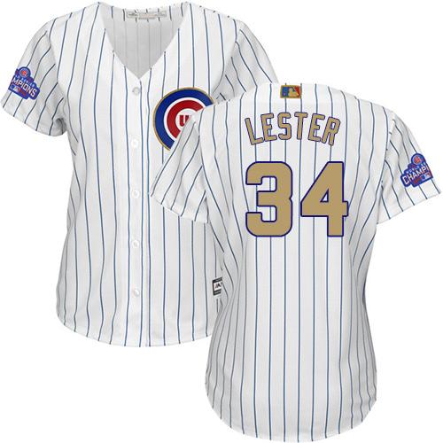 Cubs #34 Jon Lester White(Blue Strip) 2017 Gold Program Cool Base Women's Stitched MLB Jersey Cubs #34 Jon Lester White(Blue Strip) 2017 Gold Program Cool Base Women's Stitched MLB Jersey