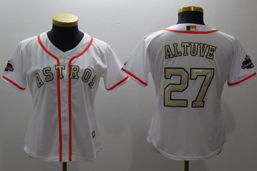 Astros #27 Jose Altuve White 2017 World Series Champions Gold Program Cool Base Women's Stitched MLB Jersey Astros #27 Jose Altuve White 2017 World Series Champions Gold Program Cool Base Women's Stitched MLB Jersey