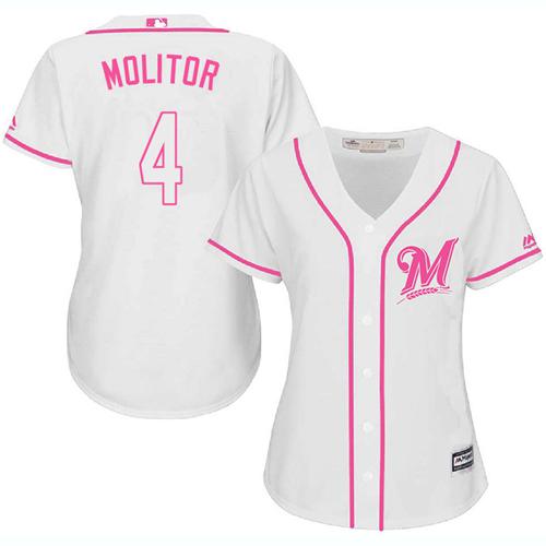 Brewers #4 Paul Molitor White/Pink Fashion Women's Stitched MLB Jersey Brewers #4 Paul Molitor White/Pink Fashion Women's Stitched MLB Jersey