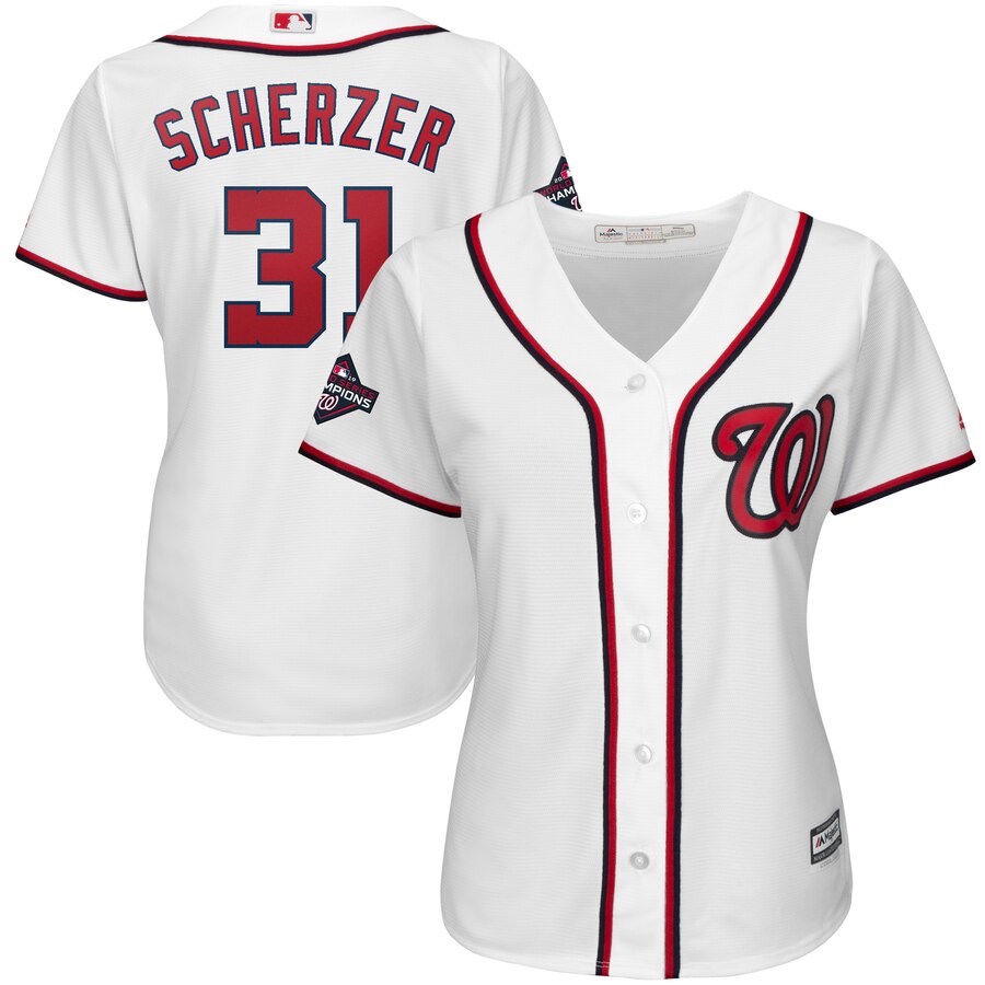 Washington Nationals #31 Max Scherzer Majestic Women's 2019 World Series Champions Home Cool Base Patch Player Jersey White