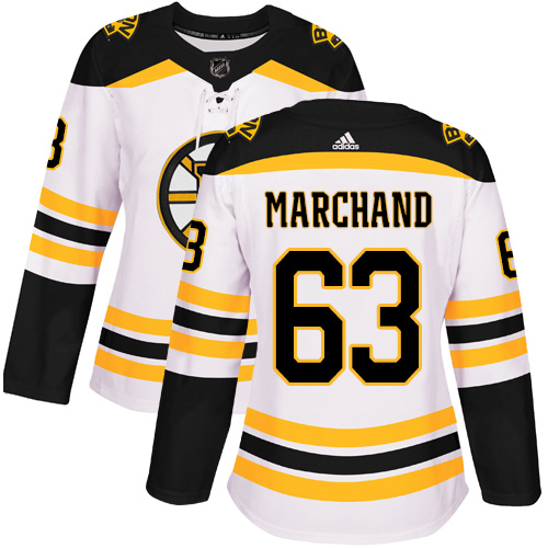 Adidas Bruins #63 Brad Marchand White Road Authentic Women's Stitched NHL Jersey