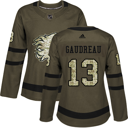 Adidas Flames #13 Johnny Gaudreau Green Salute to Service Women's Stitched NHL Jersey Adidas Flames #13 Johnny Gaudreau Green Salute to Service Women's Stitched NHL Jersey