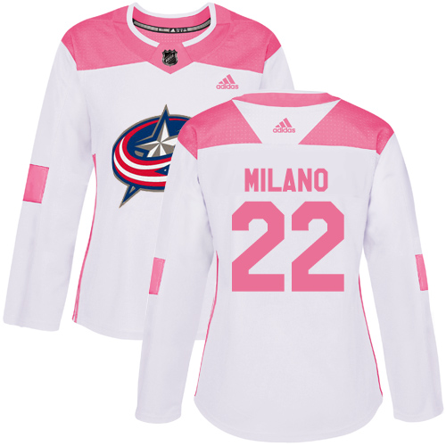 Adidas Blue Jackets #22 Sonny Milano White/Pink Authentic Fashion Women's Stitched NHL Jersey