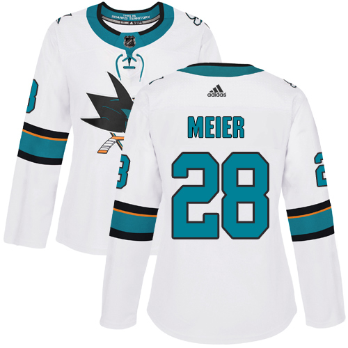 Adidas Sharks #28 Timo Meier White Road Authentic Women's Stitched NHL Jersey