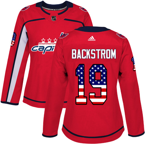 Adidas Capitals #19 Nicklas Backstrom Red Home Authentic USA Flag Women's Stitched NHL Jersey