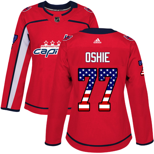 Adidas Capitals #77 T.J. Oshie Red Home Authentic USA Flag Women's Stitched NHL Jersey