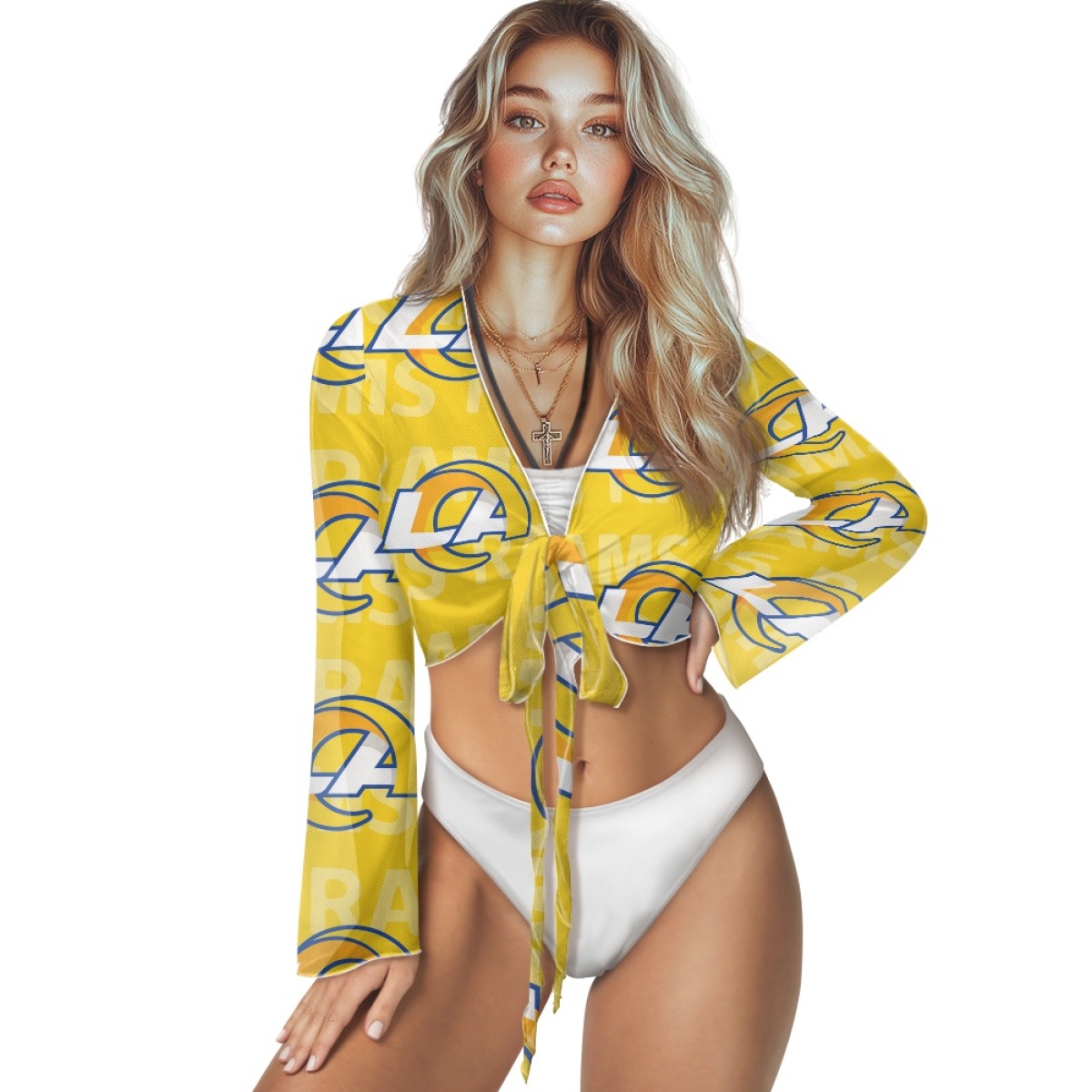 Women's Los Angeles Rams Swimsuit Cover Up Long Sleeve Sheer V Neck Lightweight Tie Front Cardigan Beach Shirts Bathing Suit Coverup 001(Pls check description for details)
