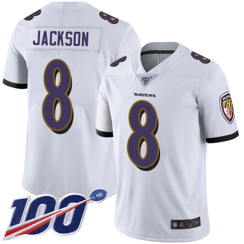 Nike Ravens #8 Lamar Jackson White Youth Stitched NFL 100th Season Vapor Limited Jersey