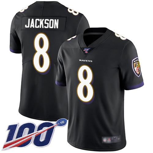 Nike Ravens #8 Lamar Jackson Black Alternate Youth Stitched NFL 100th Season Vapor Limited Jersey