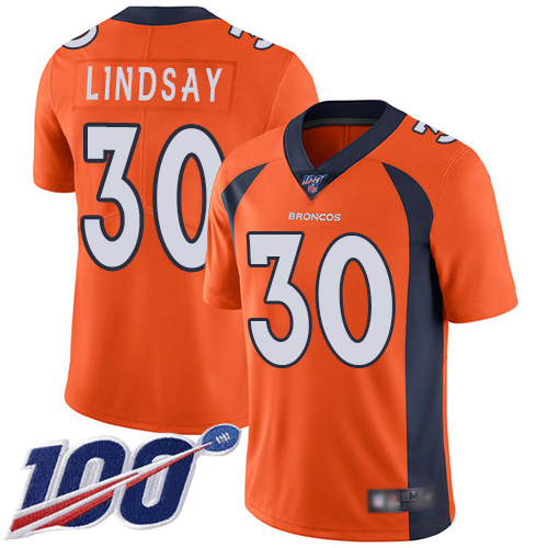 Nike Broncos #30 Phillip Lindsay Orange Team Color Youth Stitched NFL 100th Season Vapor Limited Jersey