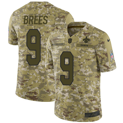 Nike Saints #9 Drew Brees Camo Youth Stitched NFL Limited 2018 Salute to Service Jersey