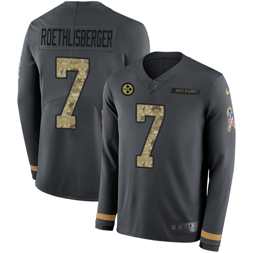 Nike Steelers #7 Ben Roethlisberger Anthracite Salute to Service Youth Stitched NFL Limited Therma Long Sleeve Jersey