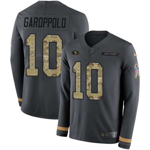 Nike 49ers #10 Jimmy Garoppolo Anthracite Salute to Service Youth Stitched NFL Limited Therma Long Sleeve Jersey