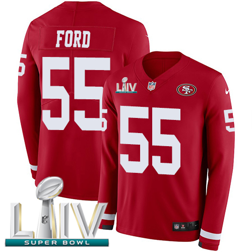 Nike 49ers #55 Dee Ford Red Super Bowl LIV 2020 Team Color Youth Stitched NFL Limited Therma Long Sleeve Jersey