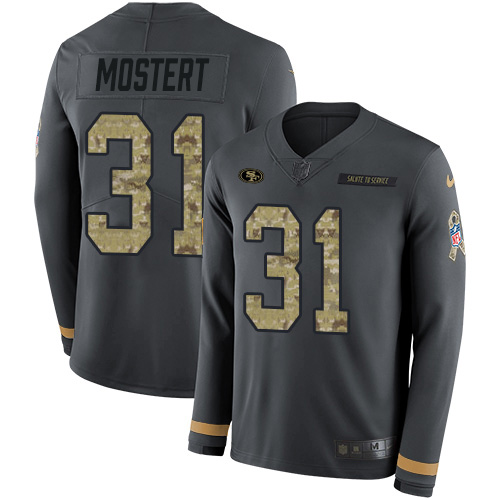 Nike 49ers #31 Raheem Mostert Anthracite Salute to Service Youth Stitched NFL Limited Therma Long Sleeve Jersey