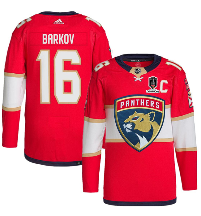 Men's Florida Panthers #16 Aleksander Barkov Red Home 2024 Stanley Cup Champions Stitched Jersey