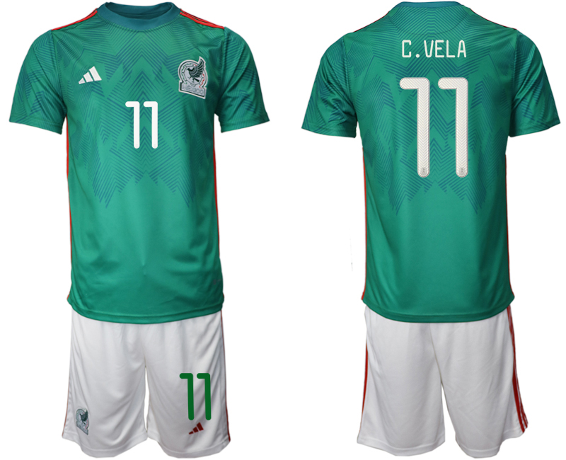 Men's Mexico #11 C.Vela Green Home Soccer Jersey Suit