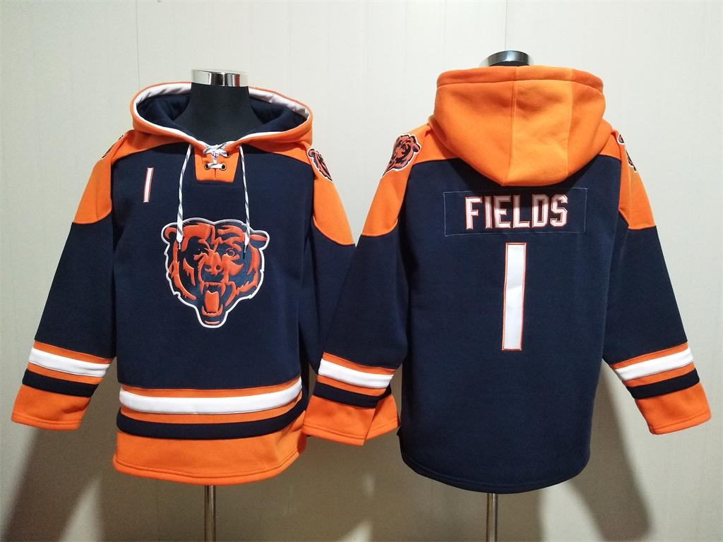 Men's Chicago Bears #1 Justin Fields Navy Ageless Must-Have Lace-Up Pullover Hoodie