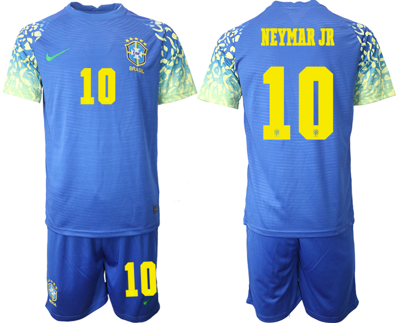 Men's Brazil #10 Neymar Jr Blue 2022 FIFA World Cup Away Soccer Jersey Suit