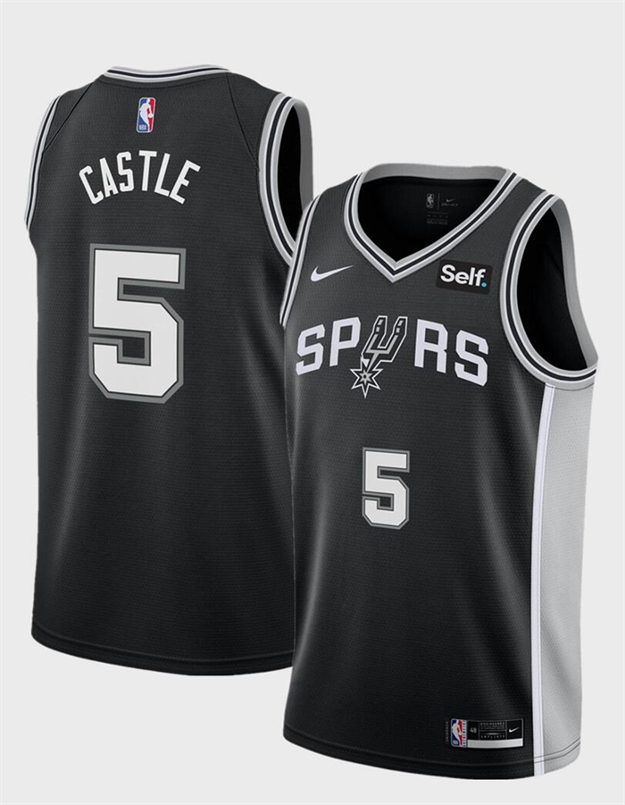 Men's San Antonio Spurs #5 Stephon Castle Black 2024 Draft Icon Edition Stitched Basketball Jersey