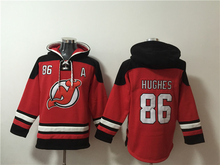 Men's New Jersey Devils #86 Jack Hughes Red Ageless Must-Have Lace-Up Pullover Hoodie