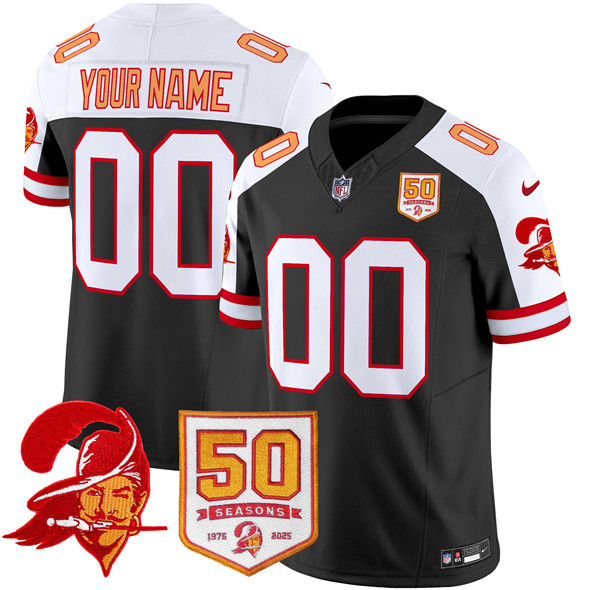 Youth Tampa Bay Buccaneers Active Player Custom Black/White 2025 F.U.S.E. 50th Season Patch Throwback Vapor Untouchable Limited Aternate Stitched Football Jersey