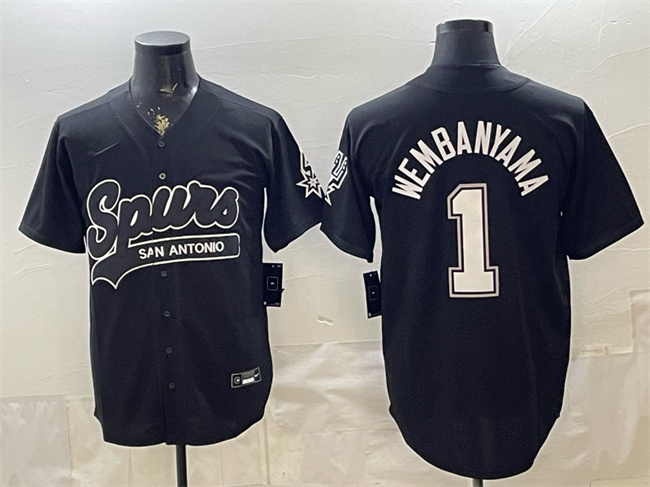 Men's San Antonio Spurs #1 Victor Wembanyama Black Stitched Baseball Jersey Men's San Antonio Spurs #1 Victor Wembanyama Black Stitched Baseball Jersey
