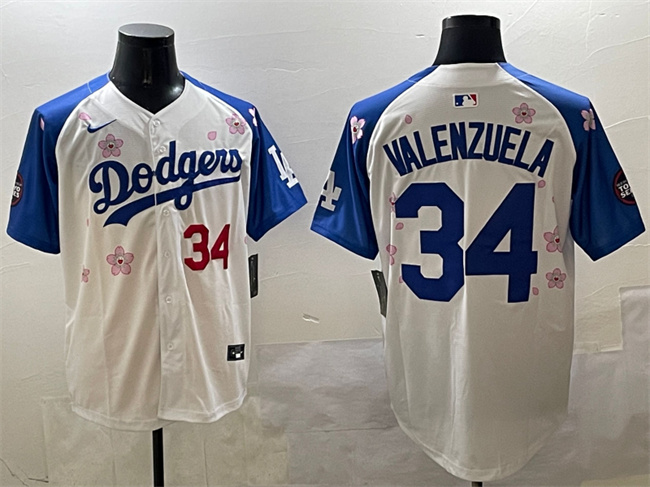 Men's Los Angeles Dodgers #34 Fernando Valenzuela White/Royal 2025 Tokyo Series Limited Stitched Baseball Jersey