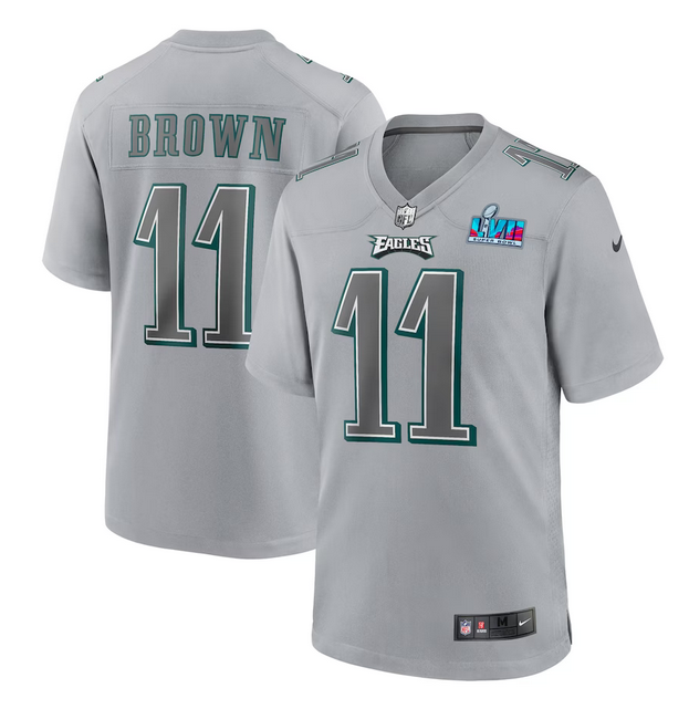 Women's Philadelphia Eagles #11 A.J. Brown Grey Super Bowl LVII Patch Atmosphere Fashion Stitched Game Jersey(Run Small)