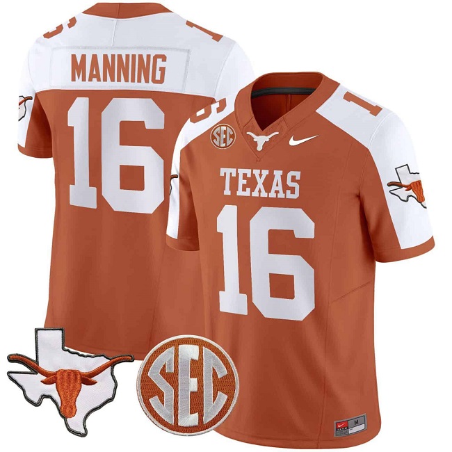 Men's Texas Longhorns #16 Peyton Manning Orange/White Map & SEC Patch F.U.S.E Stitched Jersey