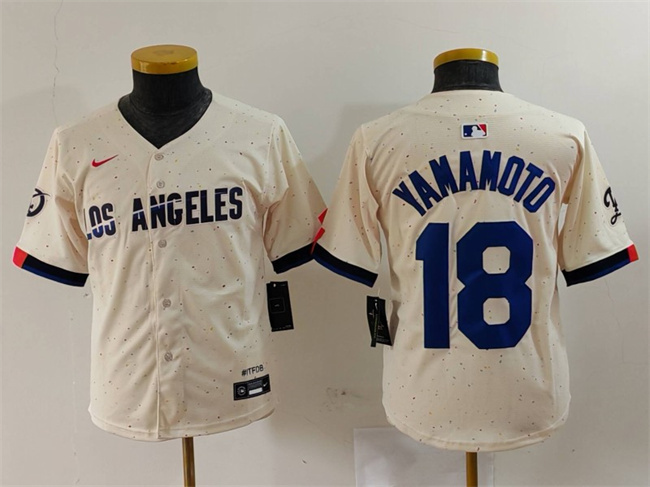 Youth Los Angeles Dodgers #18 Yoshinobu Yamamoto Cream Stitched Baseball Jersey Youth Los Angeles Dodgers #18 Yoshinobu Yamamoto Cream Stitched Baseball Jersey