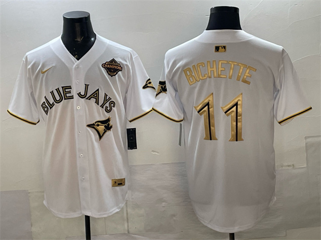 Men's Toronto Blue Jays #11 Bo Bichette White Gold 2025 American League Champions Limited Stitched Baseball Jersey