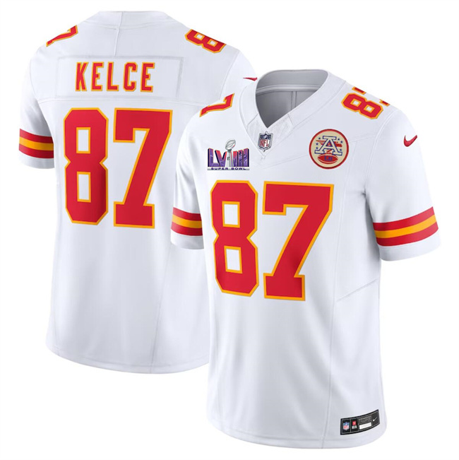 Youth Kansas City Chiefs #87 Travis Kelce White Super Bowl LVIII Patch 2023 F.U.S.E. Vapor Untouchable Limited Stitched Jersey