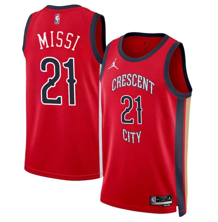 Men's New Orleans Pelicans #21 Yves Missi Red 2024 Draft Statement Edition Stitched Basketball Jersey