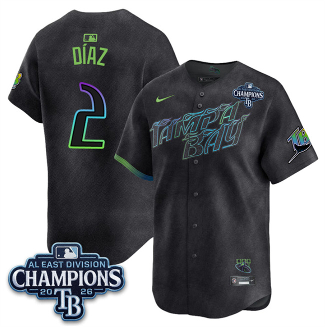 Men's Tampa Bay Rays #2 Yandy Díaz Charcoal 2026 AL East Champions Patch City Connect Limited Stitched Baseball Jersey