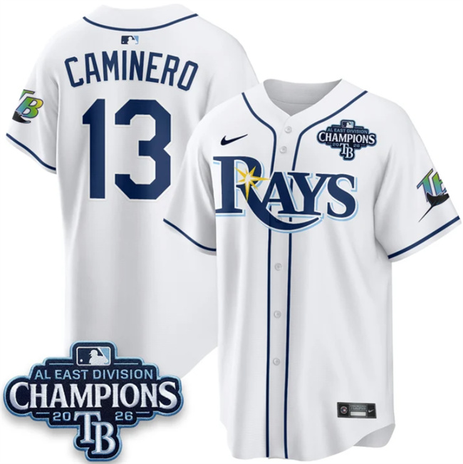 Men's Tampa Bay Rays #13 Junior Caminero White 2026 AL East Champions Patch Limited Stitched Baseball Jersey
