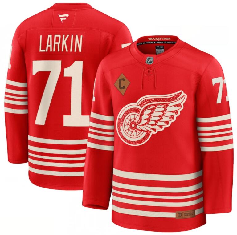 Men's Detroit Red Wings #71 Dylan Larkin Red 2025 Centennial Premium Stitched Hockey Jersey