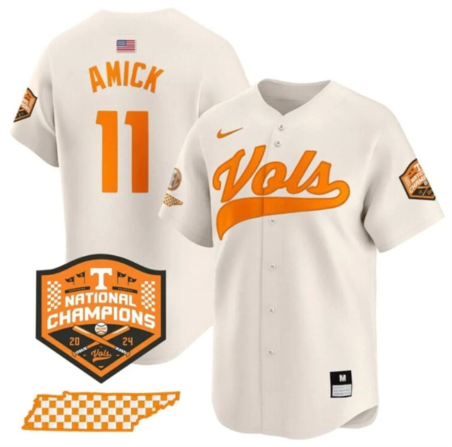 Men's Tennessee Volunteers #11 Billy Amick Cream 2024 Champions Vapor Limited Stitched Jersey