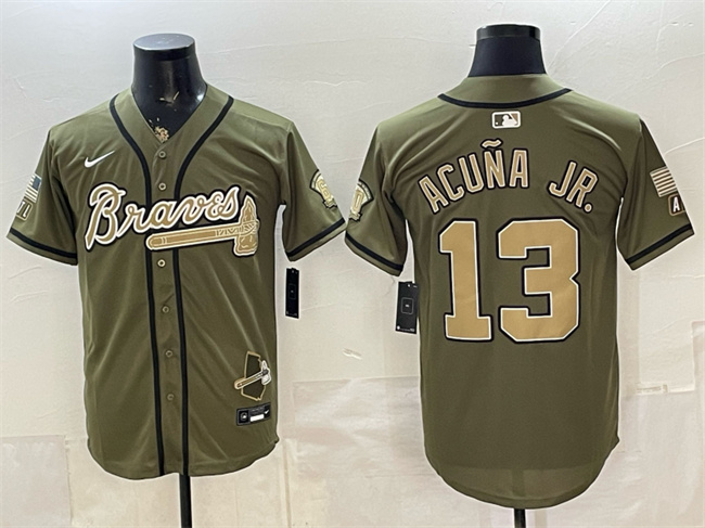 Men's Atlanta Braves #13 Ronald Acuña Jr. Olive 2026 Armed Forces Day Stitched Baseball Jersey