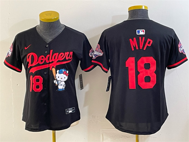 Women's Los Angeles Dodgers #18 MVP Black Hello Kitty Night 2025 World Series Champions Patch Stitched Baseball Jersey(Run Small)