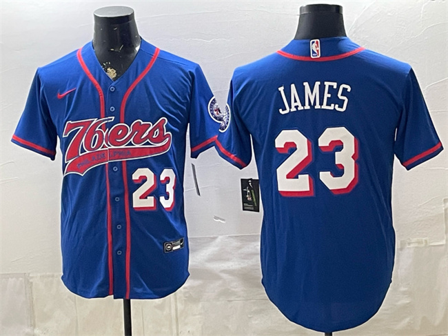 Men's Philadelphia 76ers #23 LeBron James Royal Cool Base Stitched Baseball Jersey