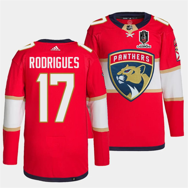 Men's Florida Panthers #17 Evan Rodrigues Red Home 2024 Stanley Cup Champions Stitched Jersey
