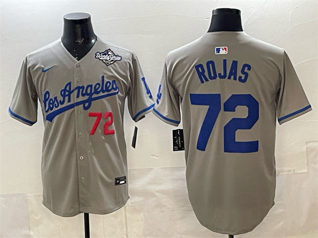 Men's Los Angeles Dodgers #72 Miguel Rojas Grey 2025 World Series Patch Limited Stitched Baseball Jersey Men's Los Angeles Dodgers #72 Miguel Rojas Grey 2025 World Series Patch Limited Stitched Baseball Jersey