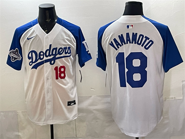 Men's Los Angeles Dodgers #18 山本由伸 White/Royal 2025 World Series Champions Patch Limited Stitched Baseball Jersey
