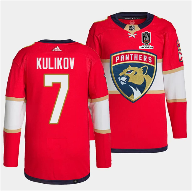 Men's Florida Panthers #7 Dmitry Kulikov Red Home 2024 Stanley Cup Champions Stitched Jersey