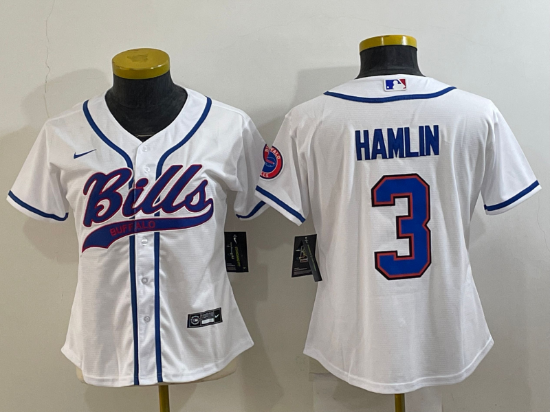 Youth Buffalo Bills #3 Damar Hamlin White With Patch Cool Base Stitched Baseball Jersey